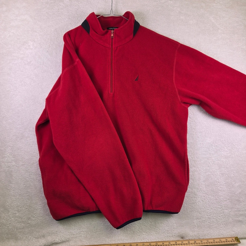Nautica Mens XXL Red Quarter Zip Fleece Pullover Navy Trim Long Sleeve J-Class